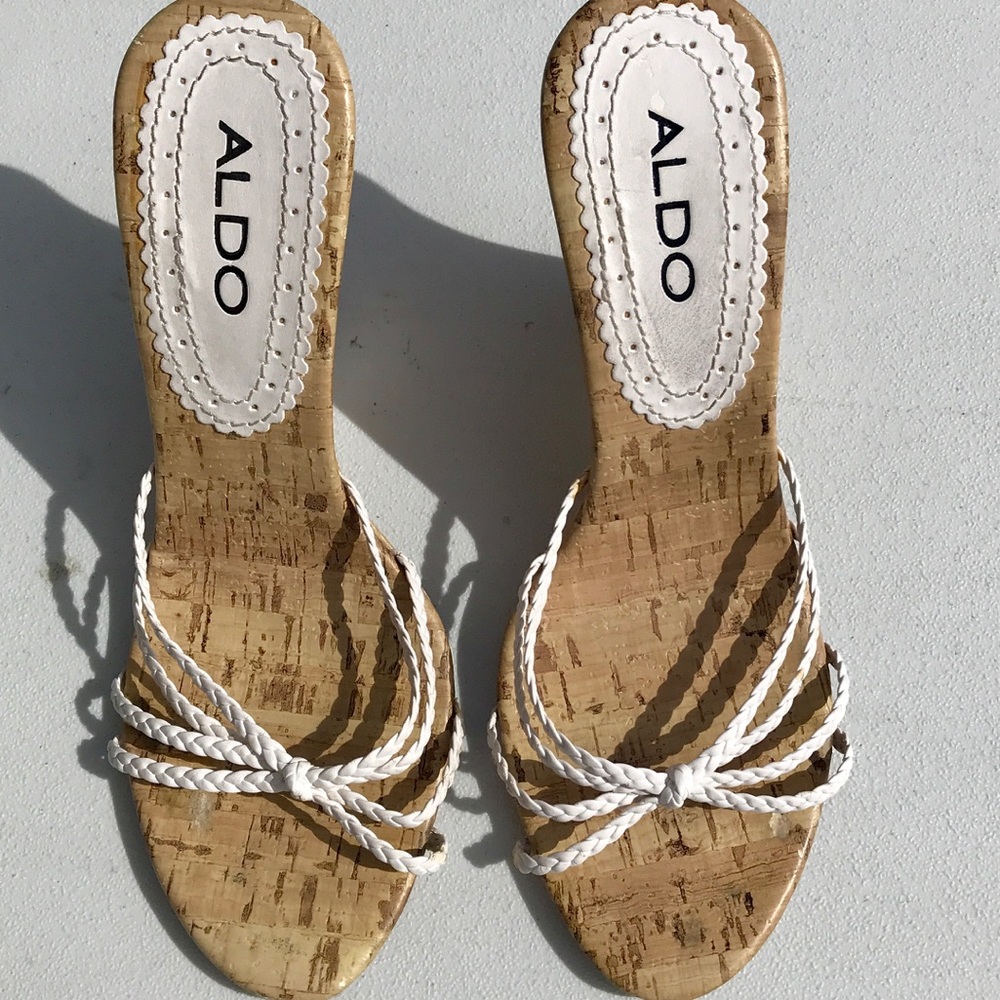 ALDO WHITE STRAP LEATHER CORK WEDGE HEEL SHOES, 6